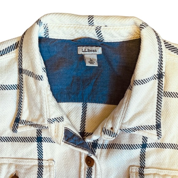 L.L. Bean Women’s L Ivory Blue Plaid 1912 Overshirt Flannel Heavyweight Shacket - Picture 5 of 15